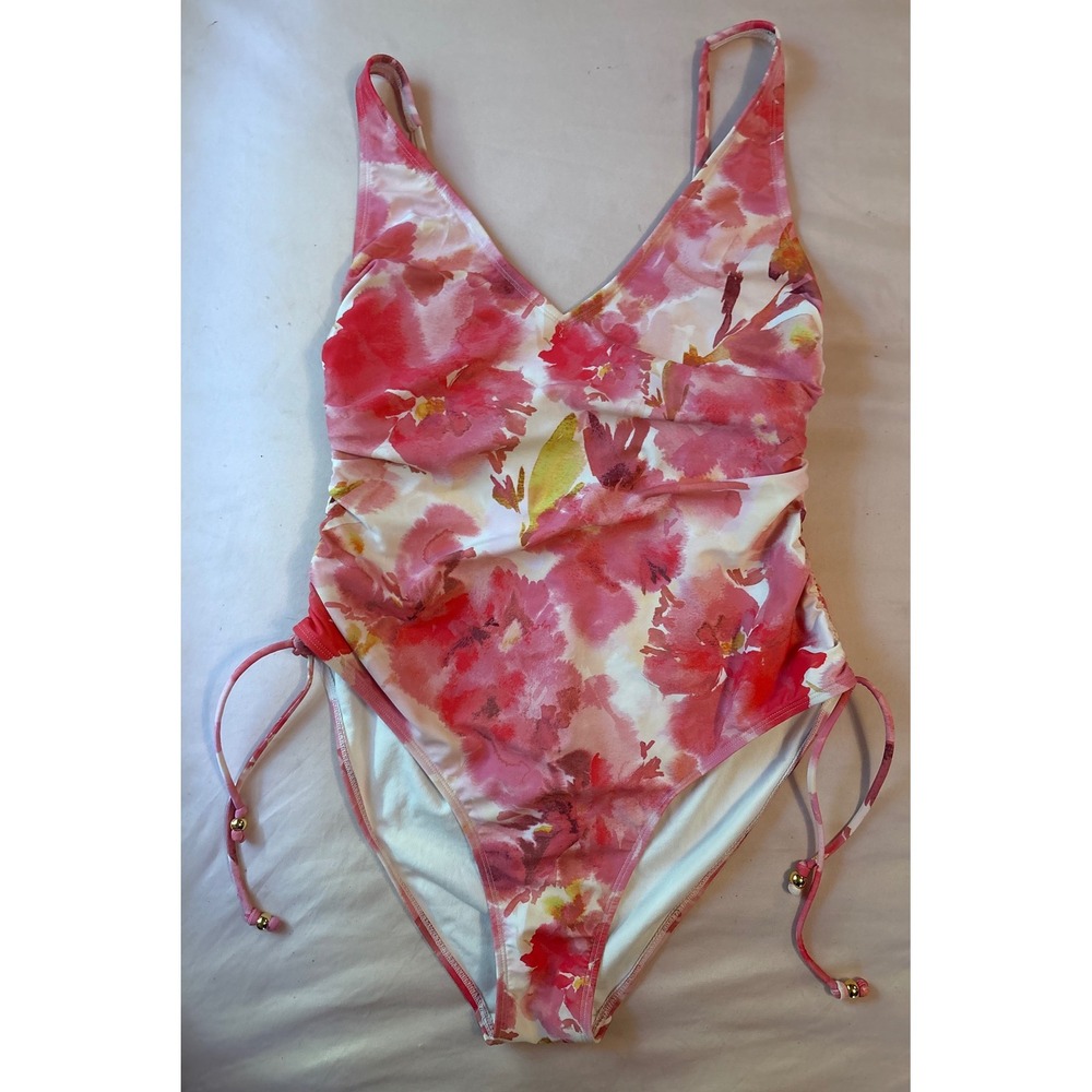 Shade & Shore Pink Floral Tummy Control Side Ruching One Piece Swimsuit, Large